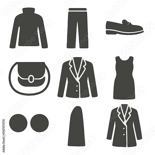 Minimalist Fashion Icons. Solid, filled icons set of minimalist fashion for women: solid turtleneck,