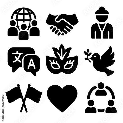 Cultural Diversity Icons. Solid, filled icon set of cultural diversity symbols: globe with people, multicultural handshake,