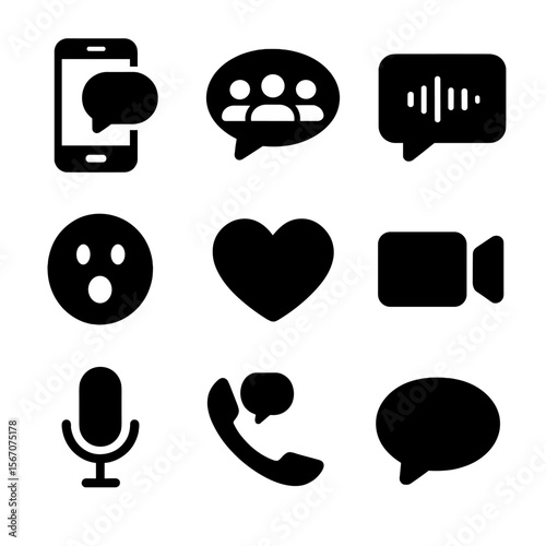 Gen Z Communication Icons. Solid, filled icon set of Gen Z & Millennial communication habits: texting phone, group chat, voice