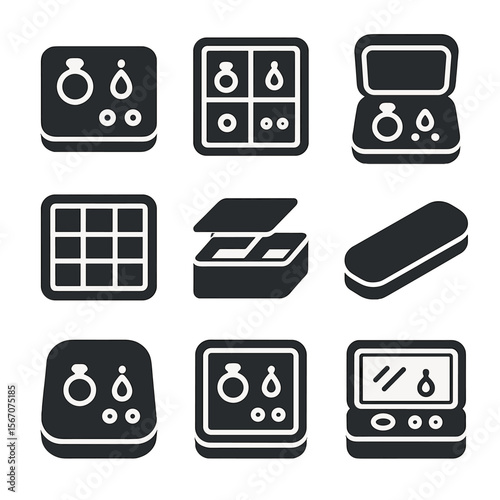 Minimalist Jewelry Storage Icons. Solid, filled icons set of minimalist jewelry storage ideas: neutral tray,