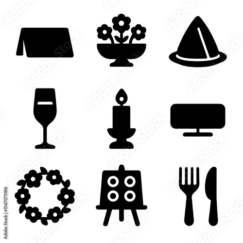 Wedding Table Settings Icons. Solid, filled icons set of wedding table settings: place card, table centerpiece