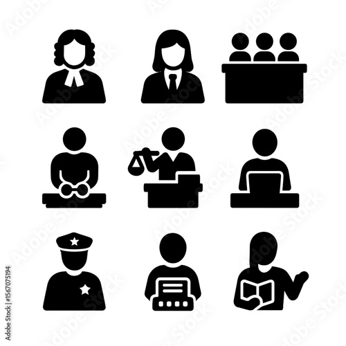 Courtroom Personnel Icons. Solid, filled icon set of courtroom personnel: judge, lawyer, jury, defendant, plaintiff, court clerk,