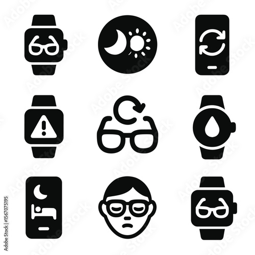 Wearables Icon Set. Solid, filled icons set of wearables for blue light management: smartwatch icon, night