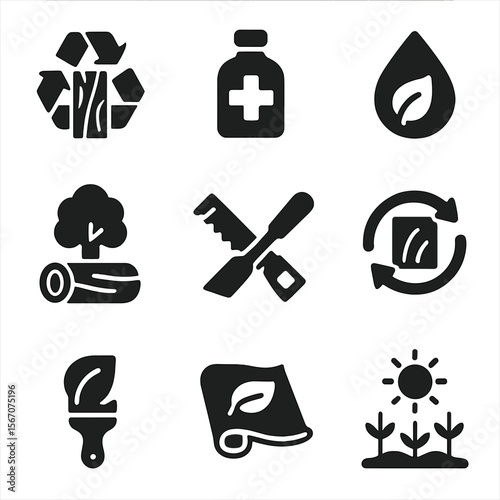 Eco-Friendly Wood Icons. Solid, filled icon set of eco-friendly woodwork: recycled wood, non-toxic varnish, natural oils,