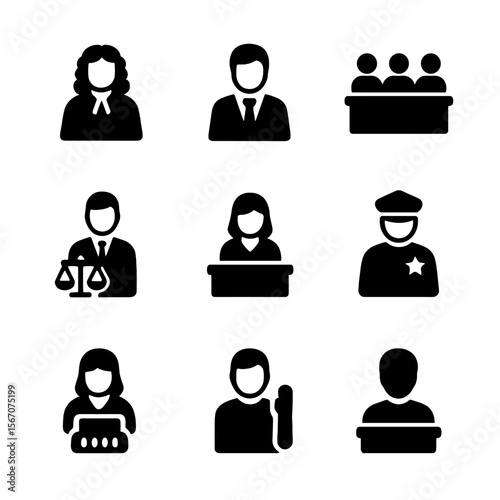 Courtroom Personnel Icons. Solid, filled icon set of courtroom personnel: judge, lawyer, jury, defendant, plaintiff, court clerk,