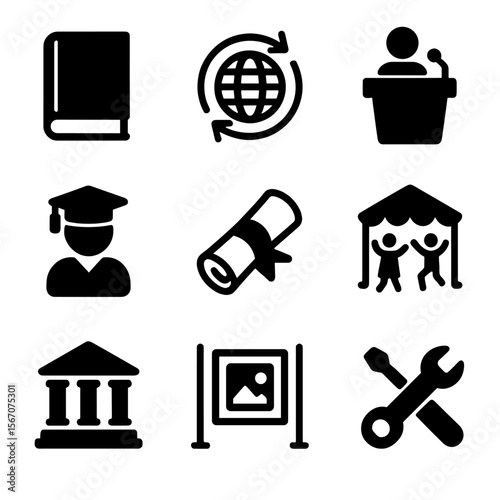 Cultural Exchange Icons. Solid, filled icon set of cultural exchange and education: book, globe, lecture podium, student, diploma,