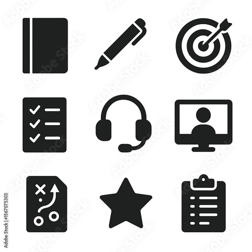 Coaching Tools Icons. Solid, filled icons set of coaching tools and resources: notebook, pen icon, goal chart,