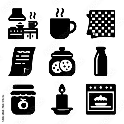 Cozy Kitchen Icons. Solid, filled icon set of homemade dessert vibes: cozy kitchen, steaming mug, gingham cloth, handwritten