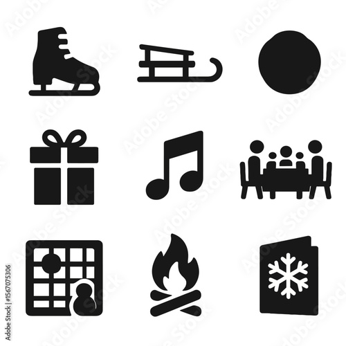 Winter Activity Icons. Solid, filled icons set of winter activities and traditions: ice skate, sled icon,