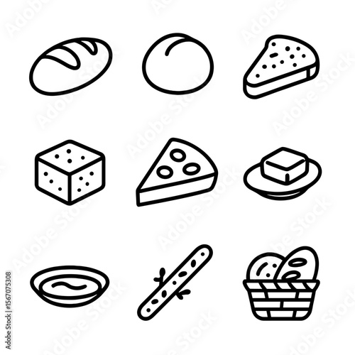 Bread Icon Collection. Outline icon set of bread and side accompaniments: crusty loaf, dinner roll, garlic bread slice, cornbread