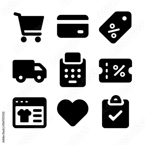 Ecommerce Icon Set. Solid, filled icon set of ecommerce and online sales: shopping cart, credit card, discount tag, delivery truck