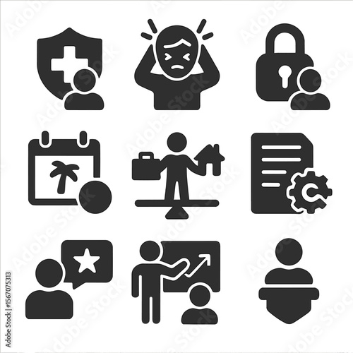 Worker Benefits Icons. Solid, filled icons set of worker benefits and challenges: health insurance, stress