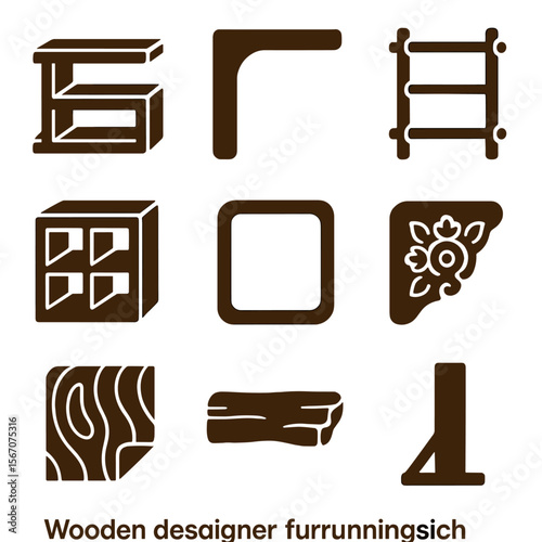 Wooden Furnishing Icons. Solid, filled icons set of wooden designer furnishings: oak shelf, walnut bracket,