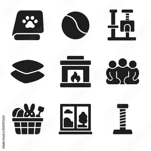 Cozy Indoor Playtime Icons. Solid, filled icon set of cozy indoor playtime: pet blanket, soft ball, cat tree, scratching post,