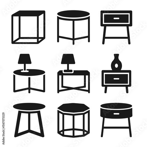 Modern Side Table Icons. Solid, filled icons set of contemporary side tables: metal frame, glass top, sleek