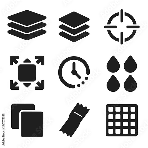 Modern Printing Icons. Solid, filled icons set of multi-layer printing: screen stack, layer icon, registration