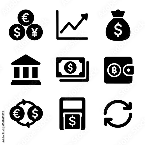 Currency Exchange Icons. Solid, filled icon set of currency exchange markets: currency symbols, exchange rate chart, money bag,