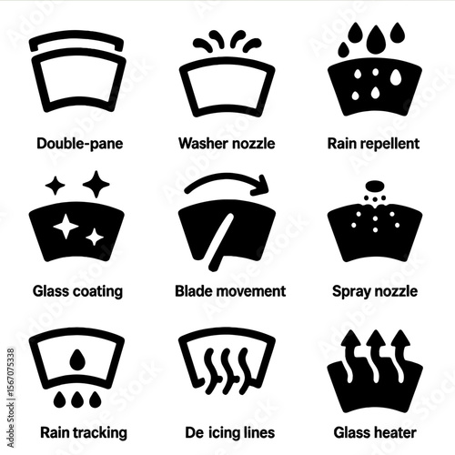 Windshield System Icons. Solid, filled icons set of windshield systems: double-pane glass, washer nozzle, rain