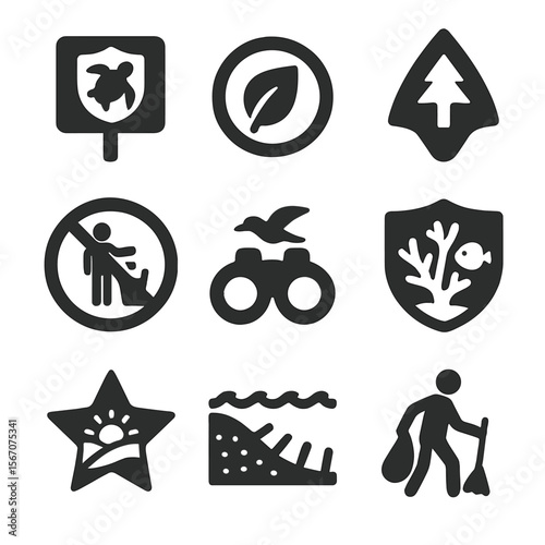Coastal Eco Icons. Solid, filled icons set of coastal preservation and eco-awareness: protected zone sign,