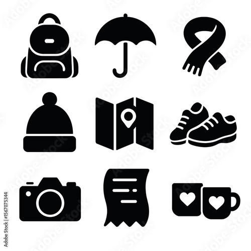 Romantic Travel Gear Icons. Solid, filled icon set of romantic travel gear: day bag, shared umbrella, warm scarf, cozy hat, city