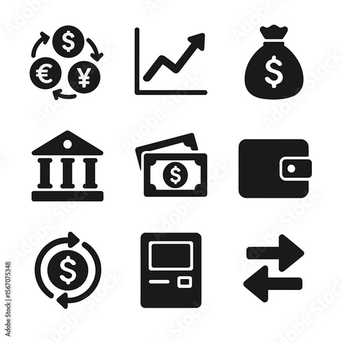 Currency Exchange Icons. Solid, filled icon set of currency exchange markets: currency symbols, exchange rate chart, money bag,