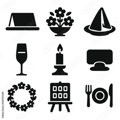 Wedding Table Settings Icons. Solid, filled icons set of wedding table settings: place card, table centerpiece