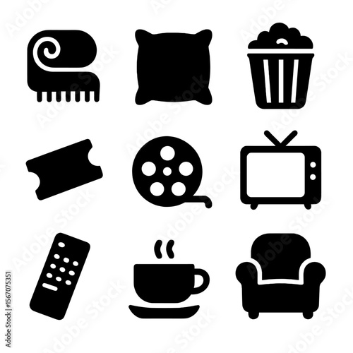 Cozy Movie Night Icons. Solid, filled icon set of cozy movie night essentials: blanket, pillow, popcorn, movie ticket, film reel,