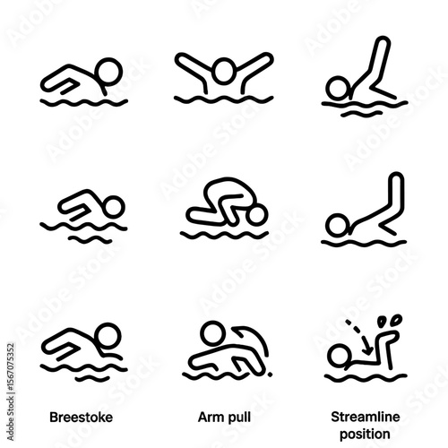 Swimming Stroke Icons. Outline icon set of swimming stroke techniques: freestyle swimmer silhouette, butterfly stroke motion,