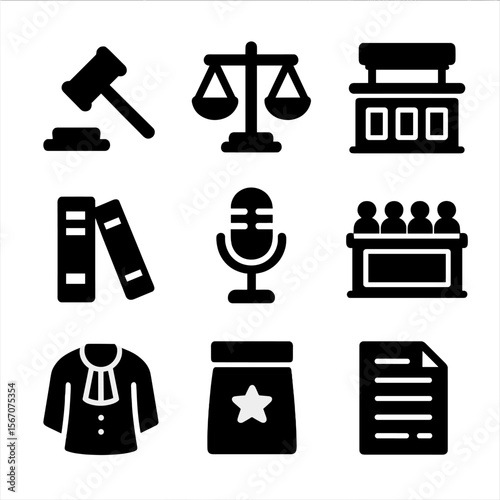 Courtroom Items Icons. Solid, filled icon set of courtroom items: gavel, legal scales, judge bench, legal books, microphone, jury