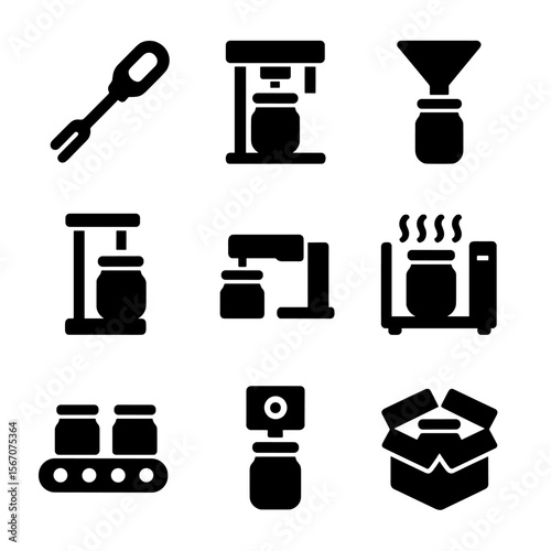 Glass Jar Tools Icons. Solid, filled icon set of glass jar related tools: jar opener, sealing machine, filling machine, capping