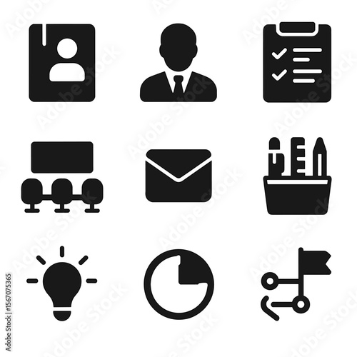 Workplace Learning Icons. Solid, filled icons set of workplace learning experience: intern notebook,