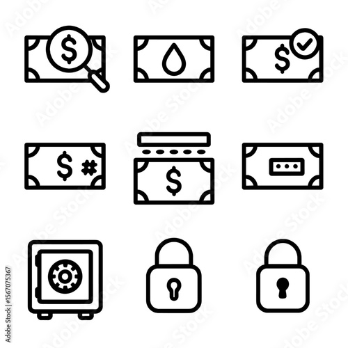 Currency Security Icons. Solid, filled icon set of currency security and verification: counterfeit detection, watermark, hologram,