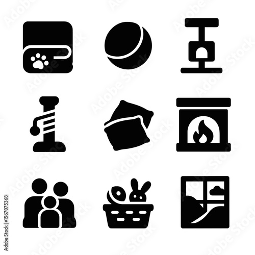 Cozy Indoor Playtime Icons. Solid, filled icon set of cozy indoor playtime: pet blanket, soft ball, cat tree, scratching post,