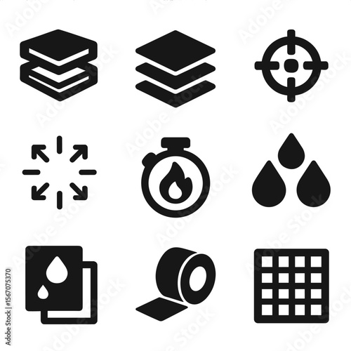 Modern Printing Icons. Solid, filled icons set of multi-layer printing: screen stack, layer icon, registration