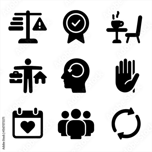 Workplace Resilience Icons. Solid, filled icons set of workplace resilience and burnout prevention: workload