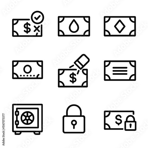 Currency Security Icons. Solid, filled icon set of currency security and verification: counterfeit detection, watermark, hologram,