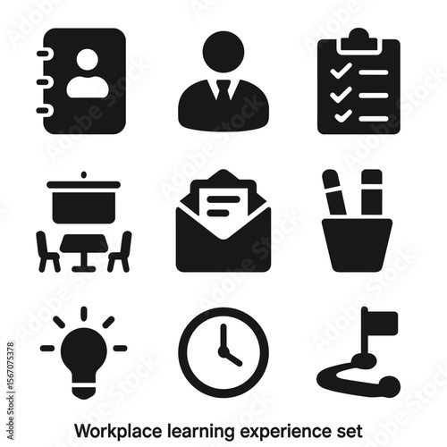 Workplace Learning Icons. Solid, filled icons set of workplace learning experience: intern notebook,