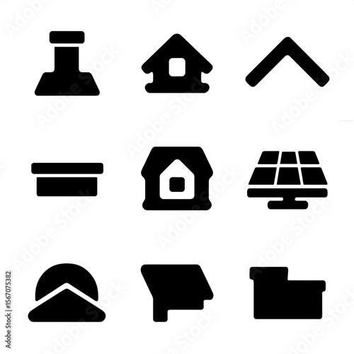 Roofline Icon Set. Solid, filled icon set of roofline details: chimneys, dormers, gabled roofs, flat roofs, mansard roofs, solar