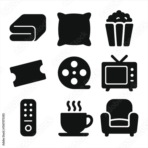 Cozy Movie Night Icons. Solid, filled icon set of cozy movie night essentials: blanket, pillow, popcorn, movie ticket, film reel,