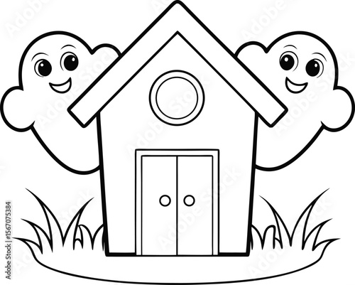 cute haunted house with smiling ghosts  add grass .eps