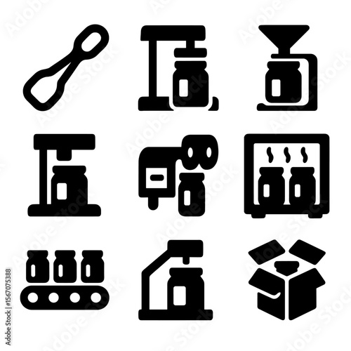 Glass Jar Tools Icons. Solid, filled icon set of glass jar related tools: jar opener, sealing machine, filling machine, capping