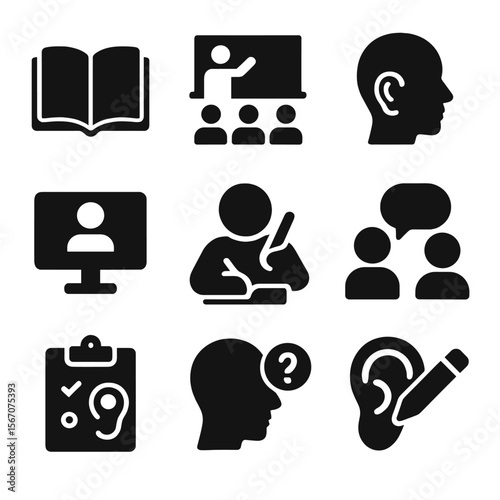 Education Icon Grid. Solid, filled icon set of education and training in listening: open book, classroom speaker, training session