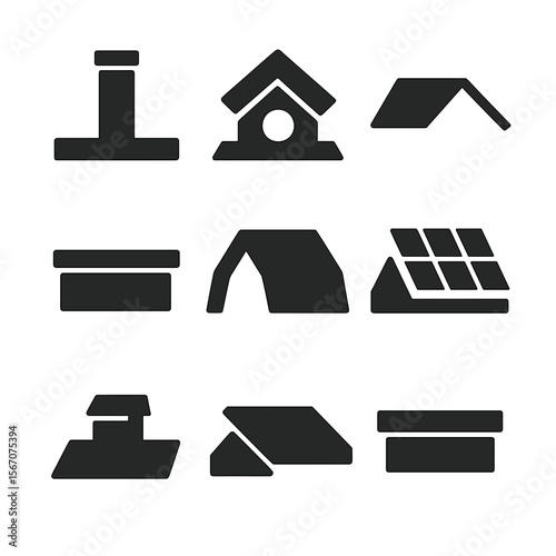 Roofline Icon Set. Solid, filled icon set of roofline details: chimneys, dormers, gabled roofs, flat roofs, mansard roofs, solar