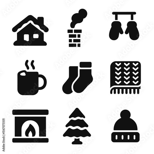 Cozy Winter Icons. Solid, filled icon set of cozy winter scenes: snow-covered house, chimney smoke, mittens drying, hot chocolate