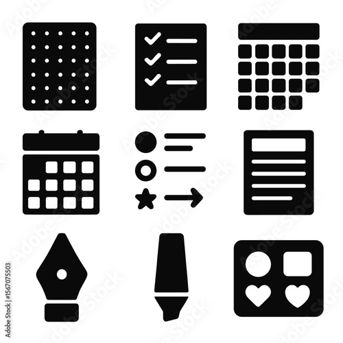 Bullet Journal Icons. Solid, Filled icon set of bullet journaling: dotted grid page, checklist box, habit tracker, calendar layout