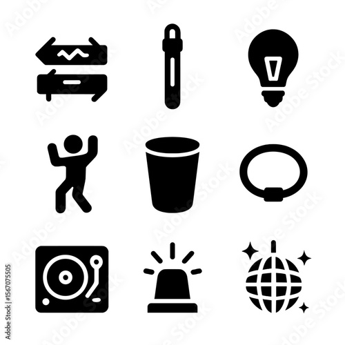 Glow Party Icons. Solid, filled icon set of glow-in-the-dark parties: neon lights, glow stick, blacklight bulb, dancing figure,