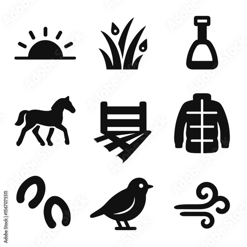 Morning Ride Icons. Solid, filled icons set of morning rides through pasture: sunrise, dew on grass, saddle