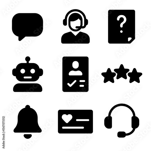 Customer Tools Icons. Solid, filled icon set of customer engagement tools: chat bubble, help desk, FAQ, chatbot, feedback form,