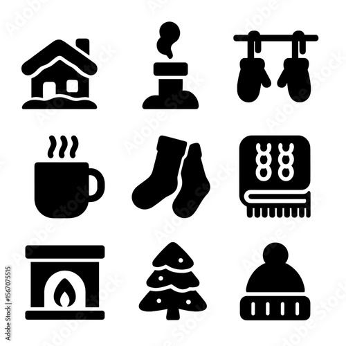 Cozy Winter Icons. Solid, filled icon set of cozy winter scenes: snow-covered house, chimney smoke, mittens drying, hot chocolate