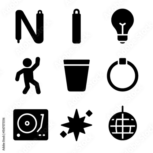 Glow Party Icons. Solid, filled icon set of glow-in-the-dark parties: neon lights, glow stick, blacklight bulb, dancing figure,